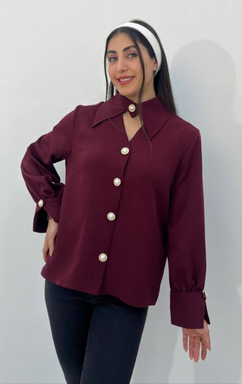 شومیز یقه هفت دکمه ای زرشکی